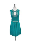 Cutout Gathered Belted Beaded Button Closure Sleeveless Dress