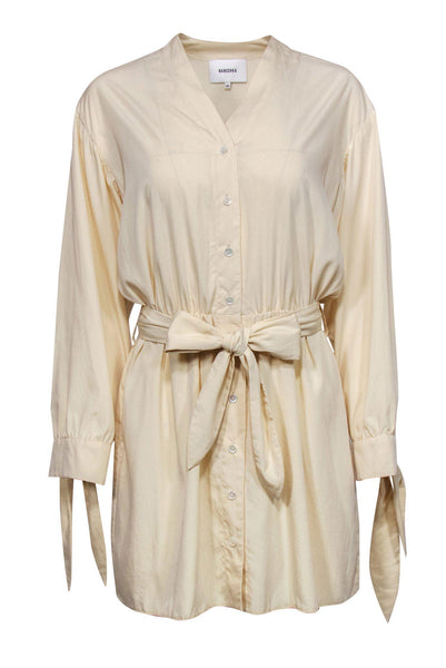 V-neck Long Sleeves Elasticized Waistline Button Front Belted Spring Shirt Dress
