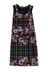 Mesh Trim Long Sleeves Sleeveless Floral Plaid Print Side Zipper Fitted Dress