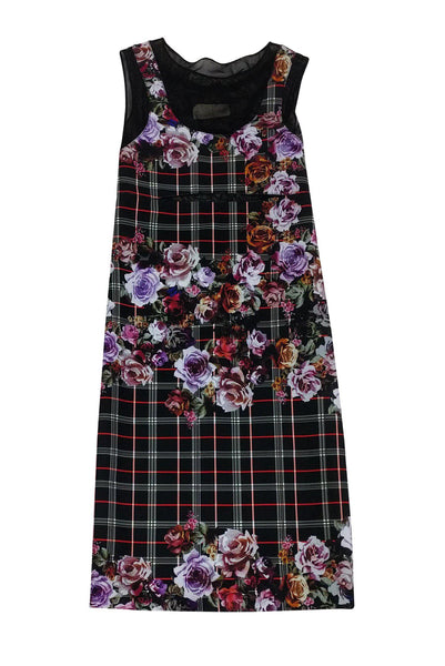 Side Zipper Fitted Floral Plaid Print Mesh Trim Long Sleeves Sleeveless Dress
