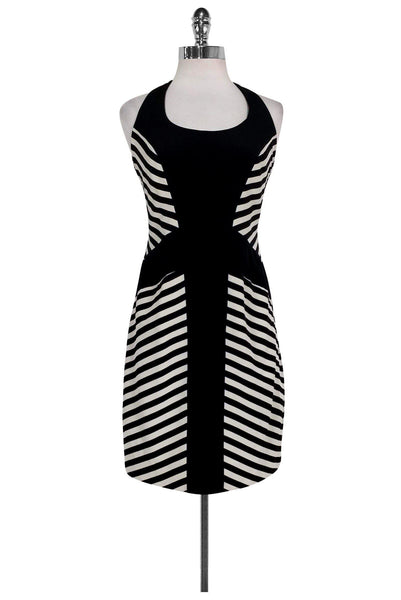 Sexy Halter Scoop Neck Silk Fitted Striped Print Sleeveless Dress