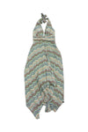 High-Low-Hem Striped Print Halter Hidden Side Zipper Tiered Silk Empire Waistline Dress