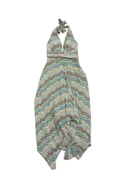 Halter Striped Print High-Low-Hem Silk Empire Waistline Tiered Hidden Side Zipper Dress