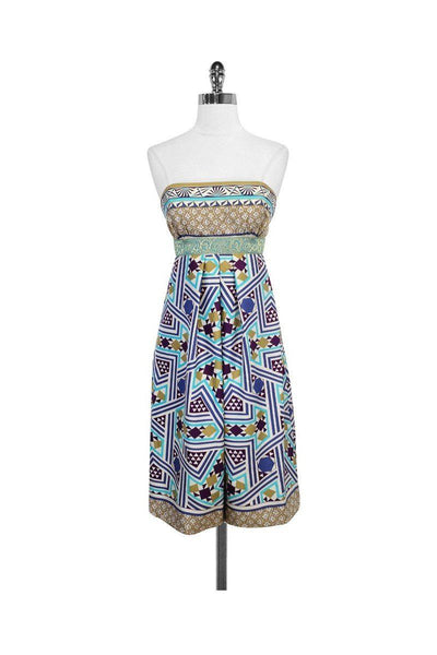 Strapless Pleated Hidden Back Zipper Silk General Print Dress