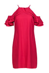 Polyester Sheath Square Neck Ruffle Trim Cold Shoulder Sleeves Sheath Dress