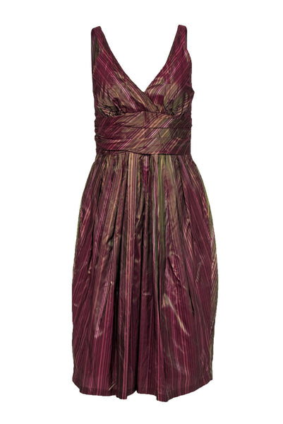 A-line Plunging Neck Two-Toned Print Silk Cocktail Pleated Dress