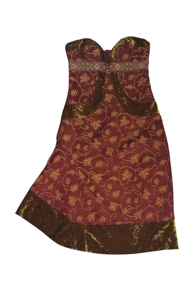 Strapless Back Zipper Embroidered Empire Waistline Paisley Print Dress