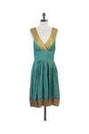 V-neck Pleated Embroidered Hidden Side Zipper V Back Floral Print Silk Sleeveless Dress