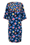 Floral Print Kimono Sleeves Bateau Neck Scoop Neck Lace Trim Midi Dress
