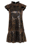 Animal Leopard Print Cap Sleeves Hidden Back Zipper Tiered Sequined Dress With Ruffles