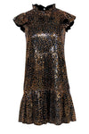 Animal Leopard Print Tiered Sequined Hidden Back Zipper Cap Sleeves Dress With Ruffles