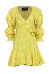 V-neck Checkered Gingham Plaid Print Wrap Summer Long Sleeves Dress