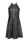 Tall Fit-and-Flare High-Neck Striped Print Fitted Cutout Hidden Side Zipper Button Closure Sleeveless Dress