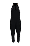 Sexy Striped Print Sleeveless Keyhole Open-Back Pocketed Elasticized Waistline Halter Little Black Dress/Jumpsuit