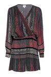 V-neck Long Sleeves Summer Wrap Flowy Fitted Short Fit-and-Flare Silk General Print Elasticized Waistline Dress