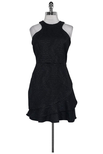 Above the Knee Round Neck Sleeveless Keyhole Fitted Hidden Side Zipper Little Black Dress With Ruffles