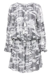 V-neck Elasticized Waistline Geometric Print Shift Long Sleeves Beach Dress With Ruffles