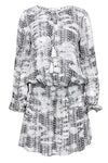 V-neck Long Sleeves Shift Geometric Print Elasticized Waistline Beach Dress With Ruffles