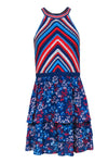 Round Neck Sleeveless Floral Print Tiered Fitted Hidden Back Zipper Summer Fit-and-Flare Dress