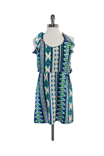 Geometric Print Silk Hidden Back Zipper Open-Back Pocketed Plunging Neck Dress With a Ribbon and Ruffles