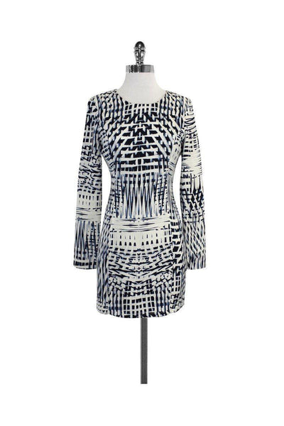 Hidden Back Zipper Fitted Long Sleeves Crew Neck Abstract Print Dress