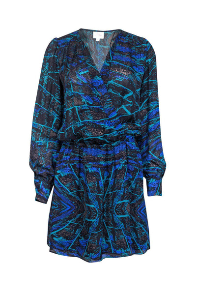 Long Sleeves Elasticized Waistline Silk Wrap Abstract Print Dress