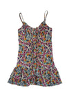 Button Front Floral Print Silk Spaghetti Strap Dress With Ruffles