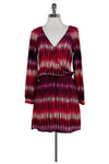 V-neck Snap Closure Elasticized Waistline Striped Print Silk Long Sleeves Dress