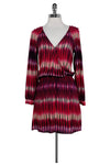 V-neck Long Sleeves Silk Snap Closure Striped Print Elasticized Waistline Dress