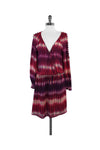 V-neck Long Sleeves Silk Snap Closure Striped Print Dress