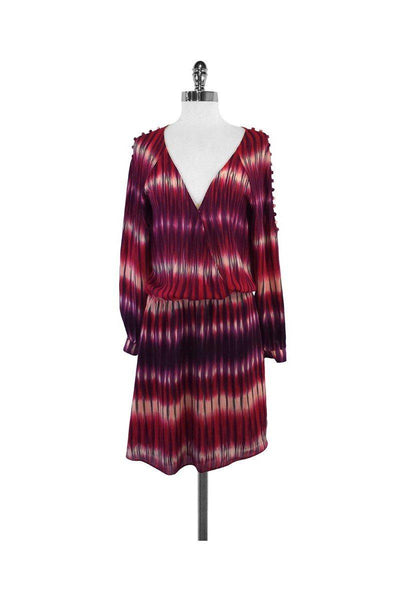 V-neck Silk Striped Print Snap Closure Long Sleeves Dress