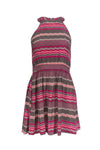 Hidden Side Zipper Fitted Sleeveless Silk Chevron Print High-Neck Dress