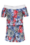 Floral Print Pocketed Embroidered Short Sleeves Sleeves Off the Shoulder Rayon Beach Dress/Romper