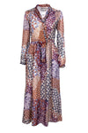Floral Print Hidden Side Zipper Semi Sheer Long Sleeves Silk High-Neck Maxi Dress