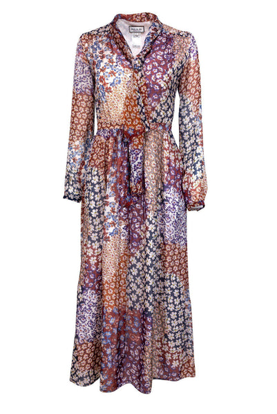 Long Sleeves Silk Hidden Side Zipper Semi Sheer Floral Print High-Neck Maxi Dress