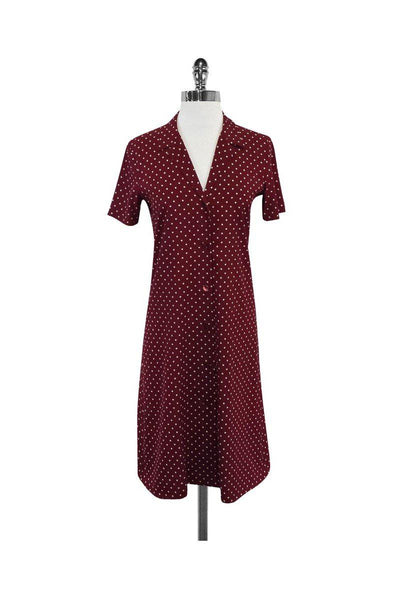 V-neck Short Sleeves Sleeves Polka Dots Print Silk Collared Button Front Shirt Dress