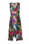 V-neck Faux Wrap Elasticized Waistline Sleeveless Floral Print Dress With Ruffles