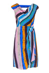 A-line Cowl Neck Back Zipper Keyhole Gathered Silk Striped Print Party Dress With Ruffles