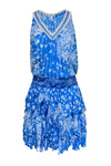 V-neck Animal Floral Print Viscose Frill Trim Sleeveless Pleated Summer Dropped Waistline Dress With Ruffles