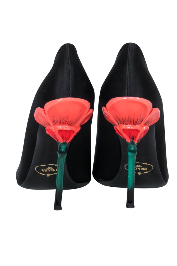 Prada - Black Satin Sculpted Flower Heel Stiletto Pumps Sz 11 – Current  Boutique