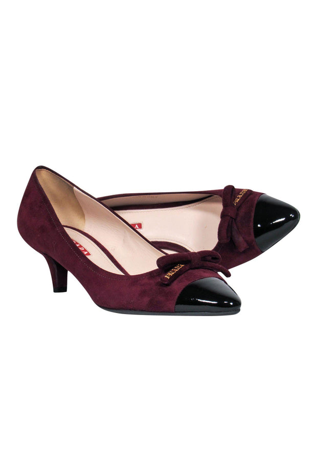 Prada - Burgundy Suede Pointed Toe Kitten Heels w/ Bow Sz 10 – Current  Boutique