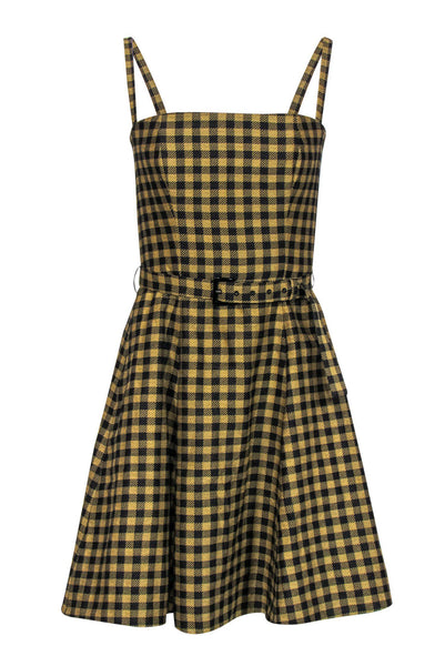 Sleeveless Spaghetti Strap Straight Neck Fit-and-Flare Plaid Print Fitted Hidden Back Zipper Belted Dress