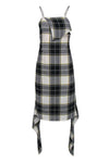 Square Neck Hidden Back Zipper Wrap Plaid Print High-Low-Hem Sleeveless Spaghetti Strap Summer Fall Midi Dress