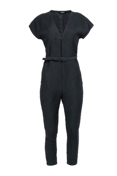 V-neck Short Sleeves Sleeves Belted Front Zipper Pocketed Jumpsuit