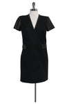 V-neck Leather Trim Shift Cotton Pocketed Back Zipper Little Black Dress