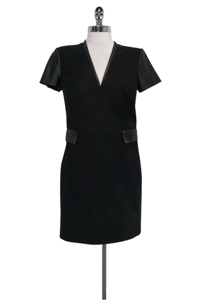 V-neck Back Zipper Pocketed Cotton Shift Leather Trim Little Black Dress