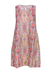 General Print Round Neck Linen Button Closure Pocketed Sleeveless Shift Party Dress