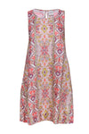 Linen General Print Shift Pocketed Button Closure Sleeveless Round Neck Party Dress