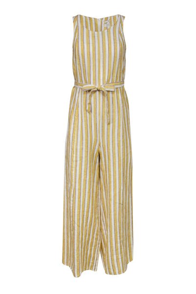 Scoop Neck Linen Striped Print Hidden Back Zipper Belted Summer Sleeveless Jumpsuit