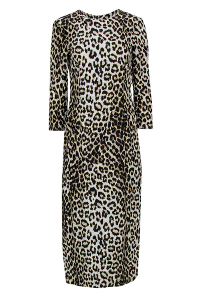 Long Sleeves Animal Leopard Print Round Neck Shift Snap Closure Hidden Side Zipper Evening Dress